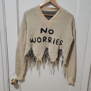 SHEIN Beige V-Neck Sweater with Fringe